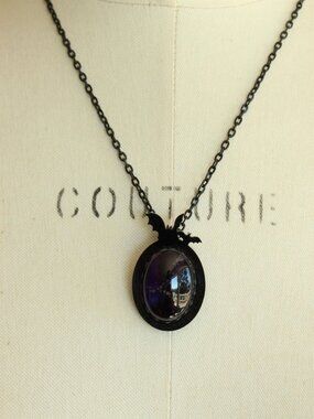 Gothic Bat Cameo Necklace with Purple Amethyst Cabochon on Black Chain